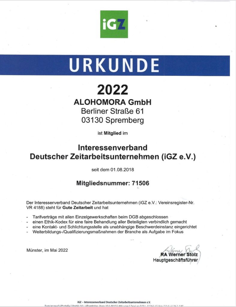 Urkunde für Alohomora 2022 mit Text und Mitgliedsnummer